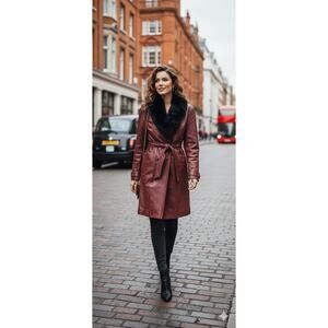 EXCELLED COLLECTION 100% Leather Faux Fur Ruby Color Women Trench Coat Sz XL